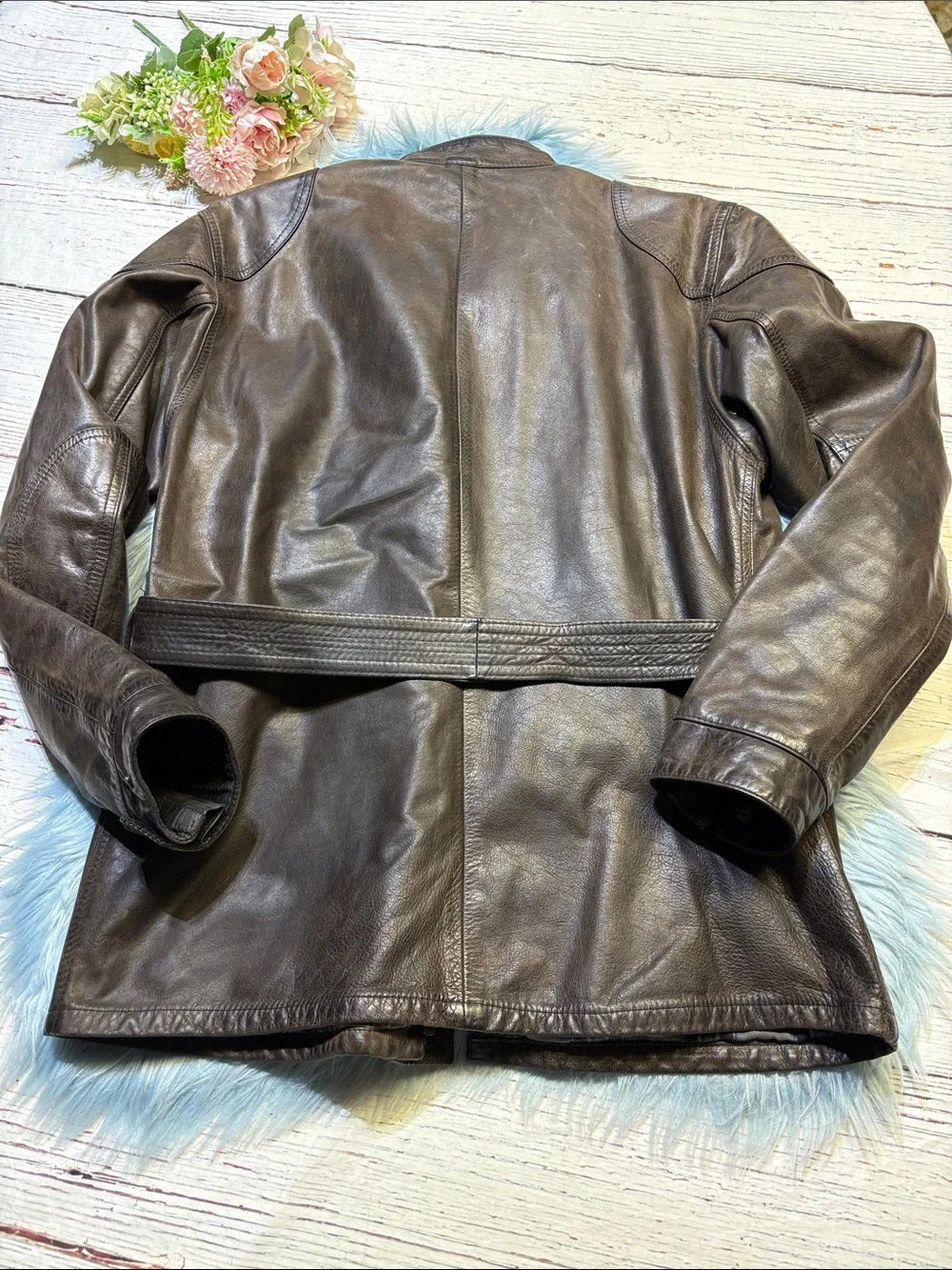 Belstaff Brown Leather Belted Military Field Motorcycle Jacket sz XL